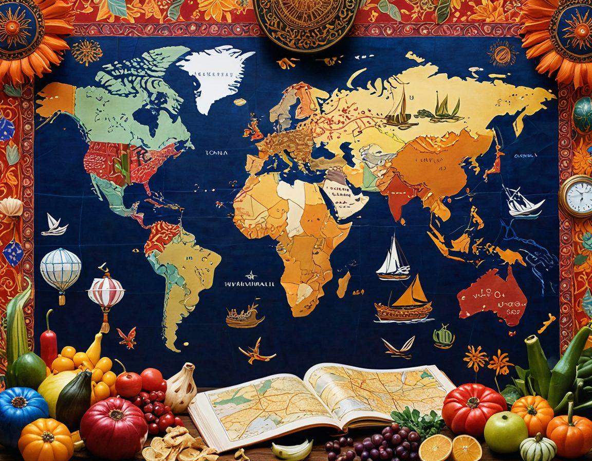 A stunning collage showcasing diverse goods from various cultures, including vibrant textiles, exotic foods, and intricate handicrafts, symbolizing international trade. In the background, a world map with connecting trade routes illuminated by glowing lines, representing global distribution. The scene should incorporate a rich tapestry of colors reflecting the beauty of each item, merging seamlessly into the map design. super-realistic. vibrant colors. light background.