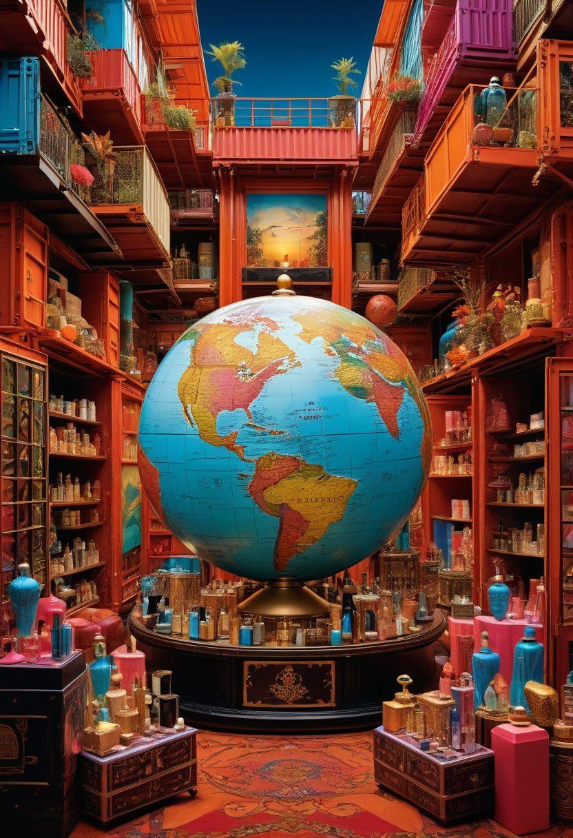 A globe surrounded by intricate beauty products like perfumes, cosmetics, and exotic fabrics, representing the fusion of beauty and commerce in international trade. Silhouettes of trade routes and shipping containers weave through a vibrant marketplace scene featuring diverse cultural elements. Bright colors highlighting luxury and craftsmanship. surrealistic style with a touch of elegance.