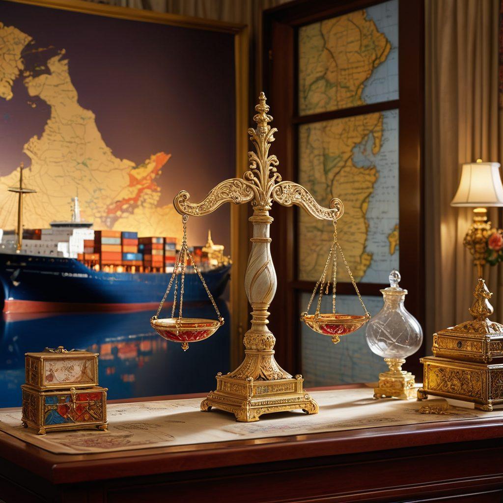 A stunning, elegant balance scale, one side adorned with beautiful luxury goods like jewelry and silk, the other side filled with various global trade items like shipping containers and cargo. In the background, a world map highlights major trade routes, while soft light creates a sophisticated atmosphere. The colors should be rich yet harmonious, blending elegance and commerce seamlessly. super-realistic. vibrant colors. soft lighting.